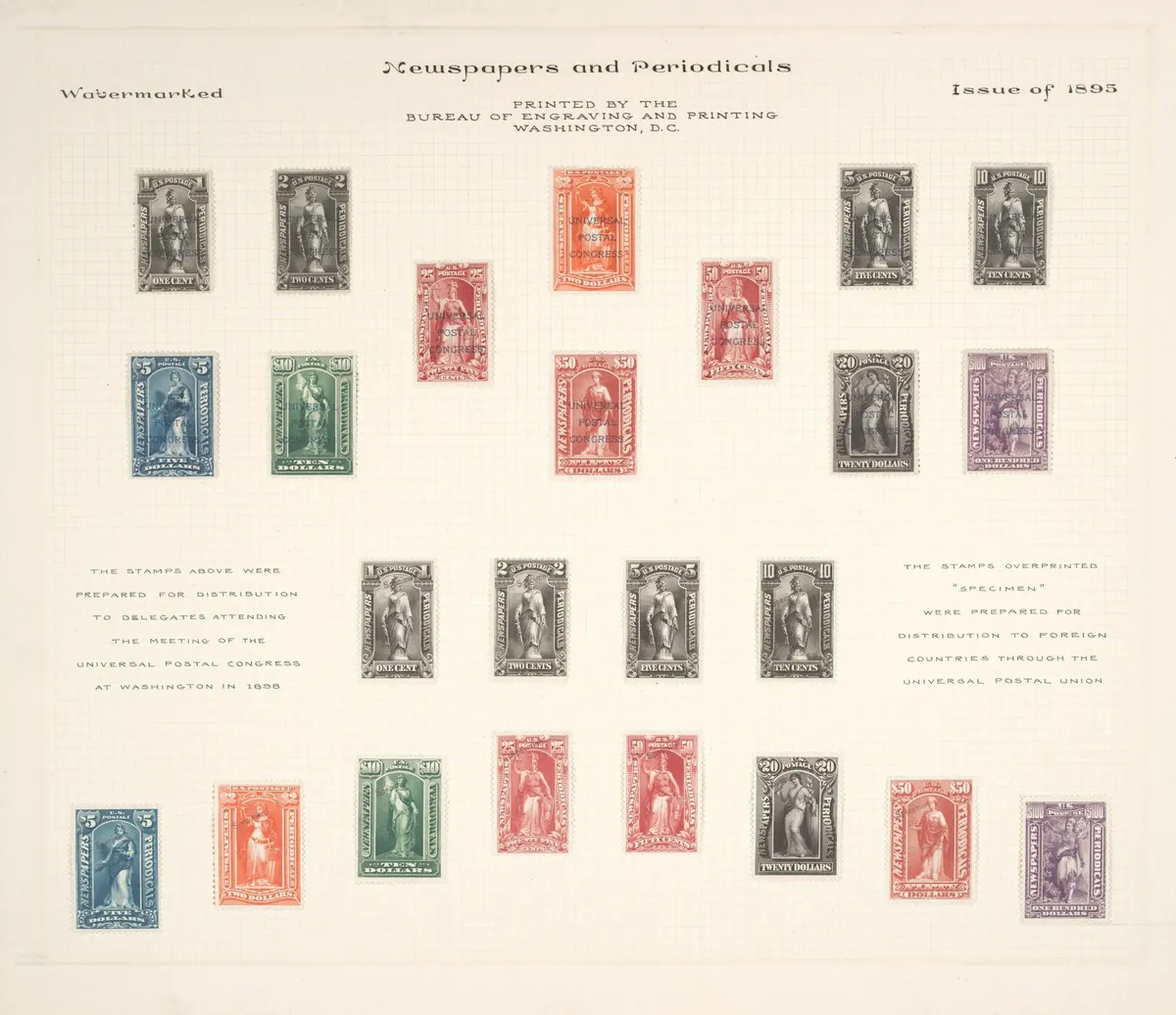 Feuille d’album avec timbres en rangées sur papier crème
