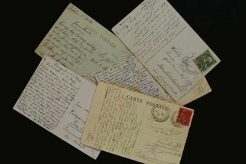 Handwritten postcards with stamps on a black background