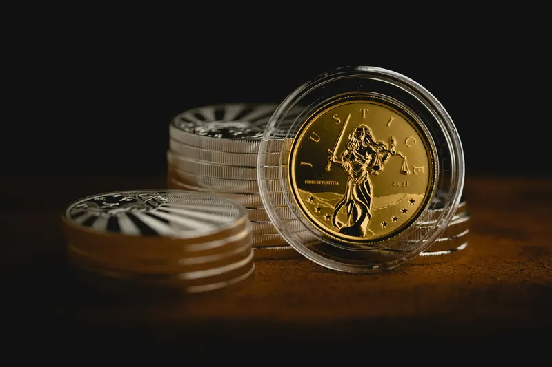 Gold coin in a capsule in front of stacks of silver coins