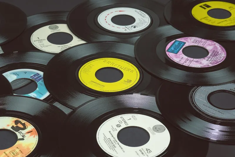 Scattered records with colourful labels